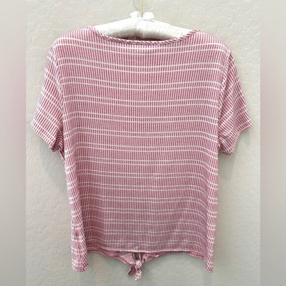 NY COLLECTION | Pink & White Striped Textured V-Neck Short Sleeve Top | Large - Picture 4 of 7